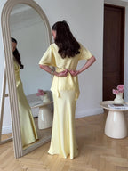 Lemon Satin Off-Shoulder Wrap Top & Maxi Skirt Set