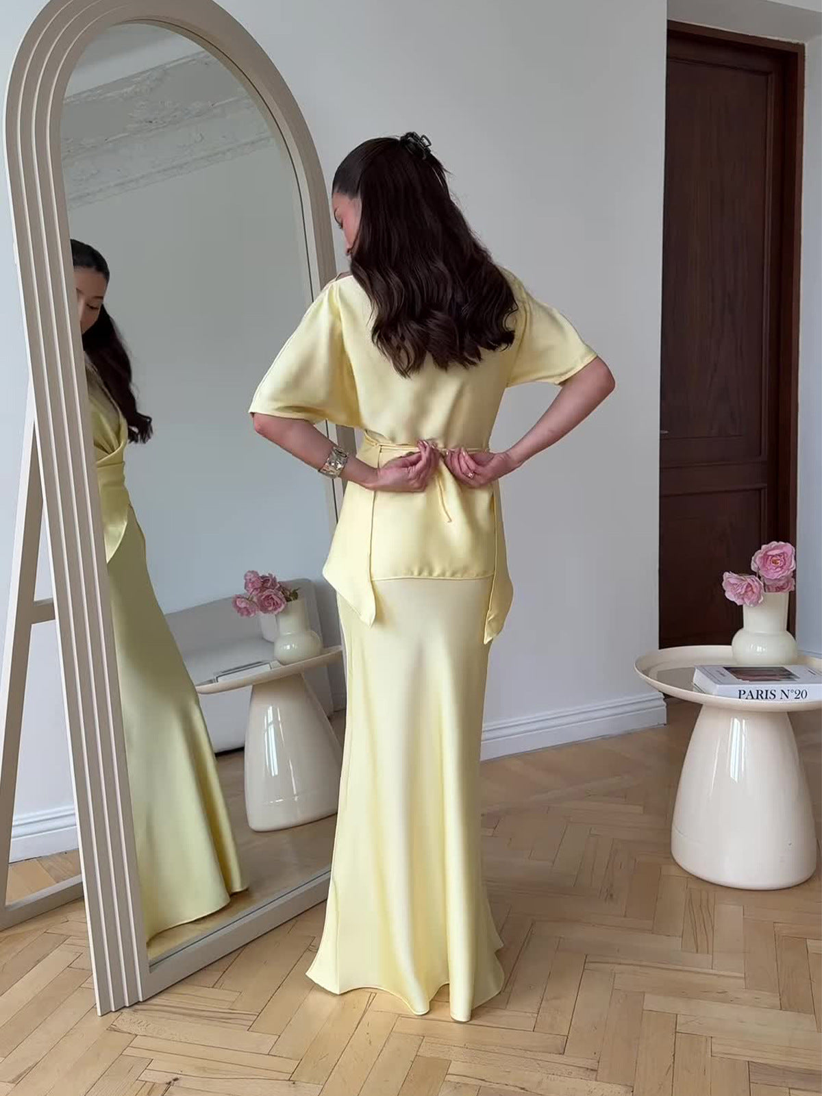 Lemon Satin Off-Shoulder Wrap Top & Maxi Skirt Set