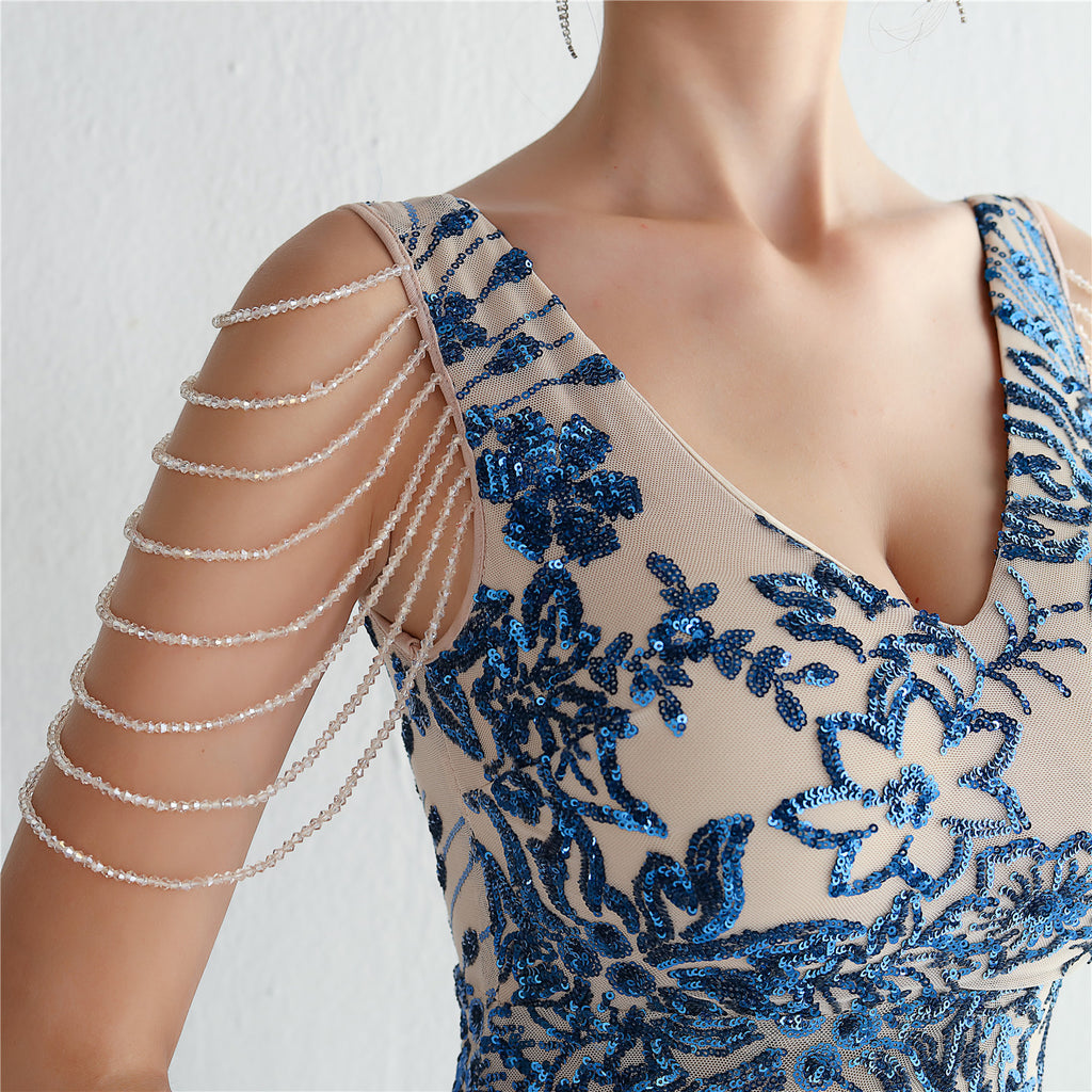 V-Neck Floral Sequin Embroidered Mermaid Evening Gown | Oyese