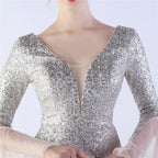 V-Neck Bell Sleeve Sequin Tulle Mermaid Evening Gown | Oyese