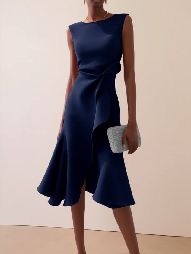 Twisted Knot Waist Midi Dress – Sleeveless Round Neck Office Dress | Oyese
