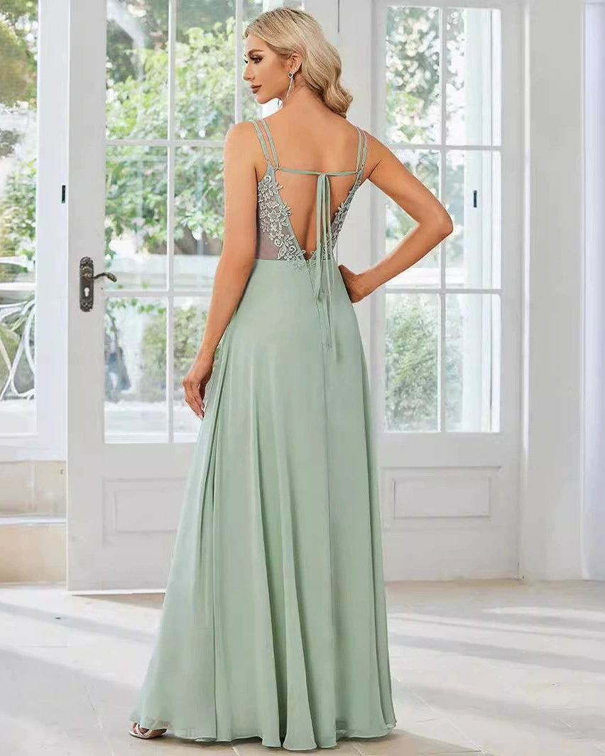 V-Neck Open Back Pleated A-Line Bridesmaid Gown | Oyese