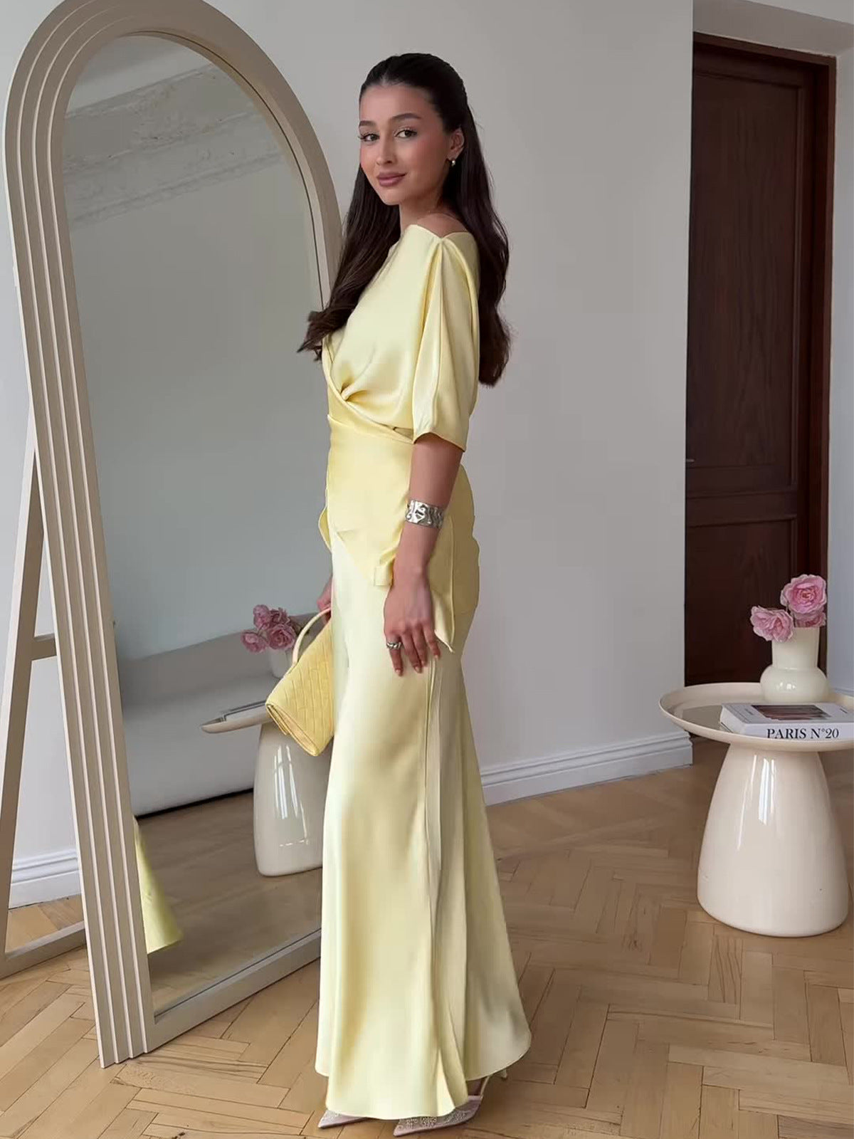 Lemon Satin Off-Shoulder Wrap Top & Maxi Skirt Set