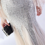 V-Neck Bell Sleeve Sequin Tulle Mermaid Evening Gown | Oyese