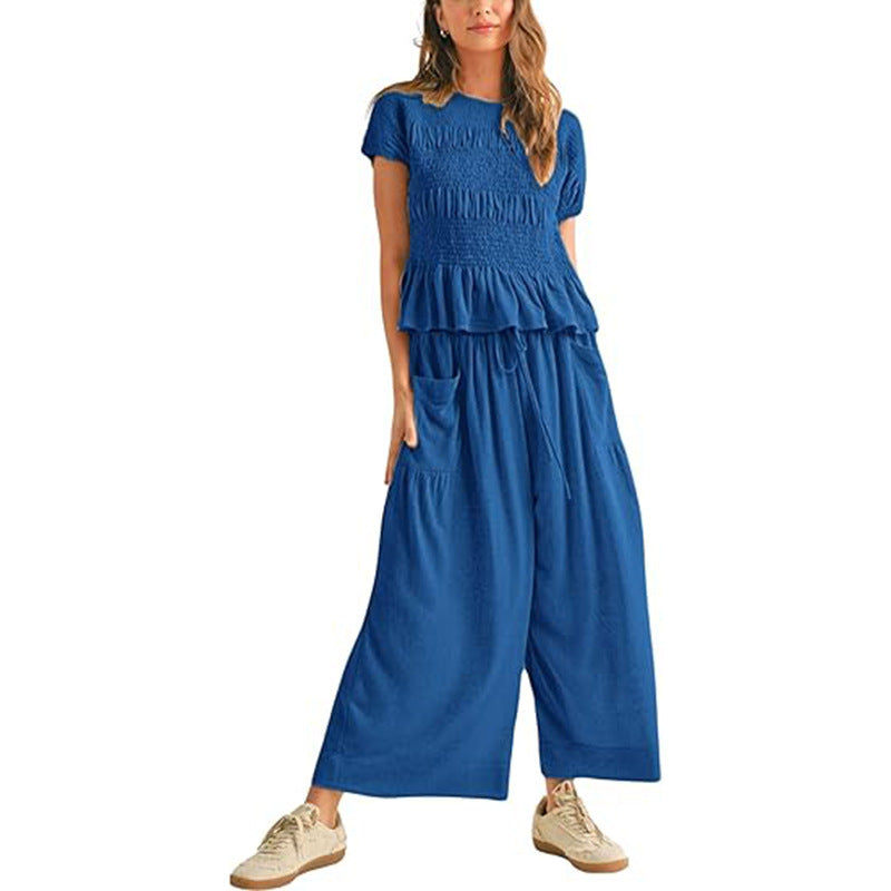 Women's 2-Piece Smocked Top & Wide-Leg Pants Set