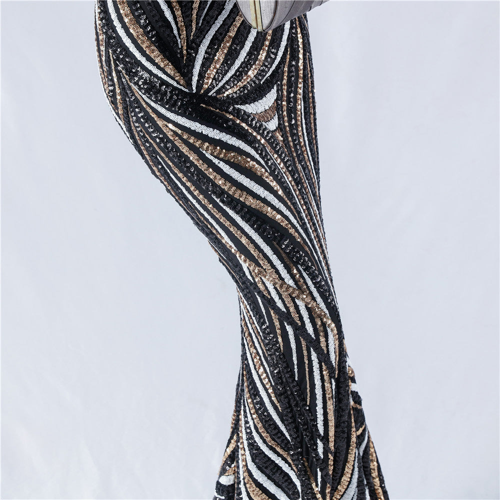 Spaghetti Strap Striped Sequin Mermaid Evening Gown | Oyese