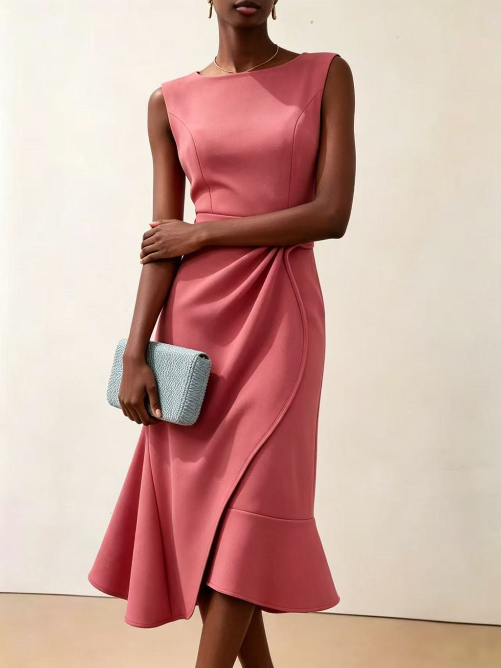 Twisted Knot Waist Midi Dress – Sleeveless Round Neck Office Dress | Oyese