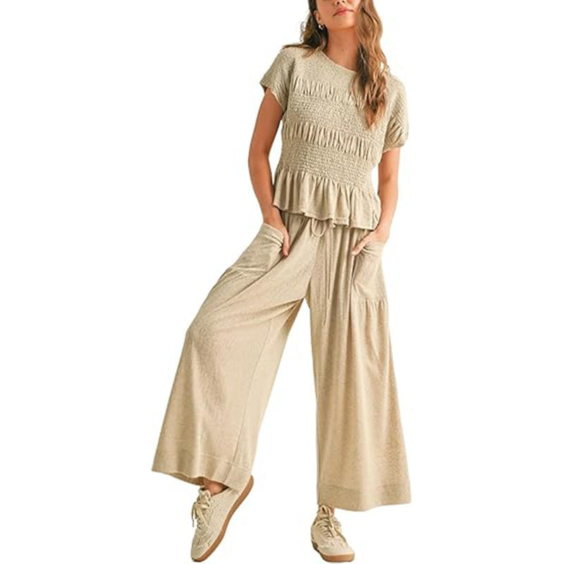 Women's 2-Piece Smocked Top & Wide-Leg Pants Set