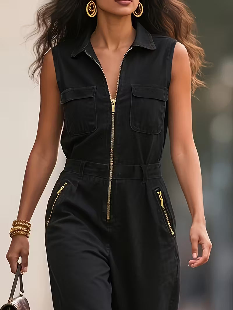 Sleeveless Collared Utility Jumpsuit with Flap Pockets | Oyese