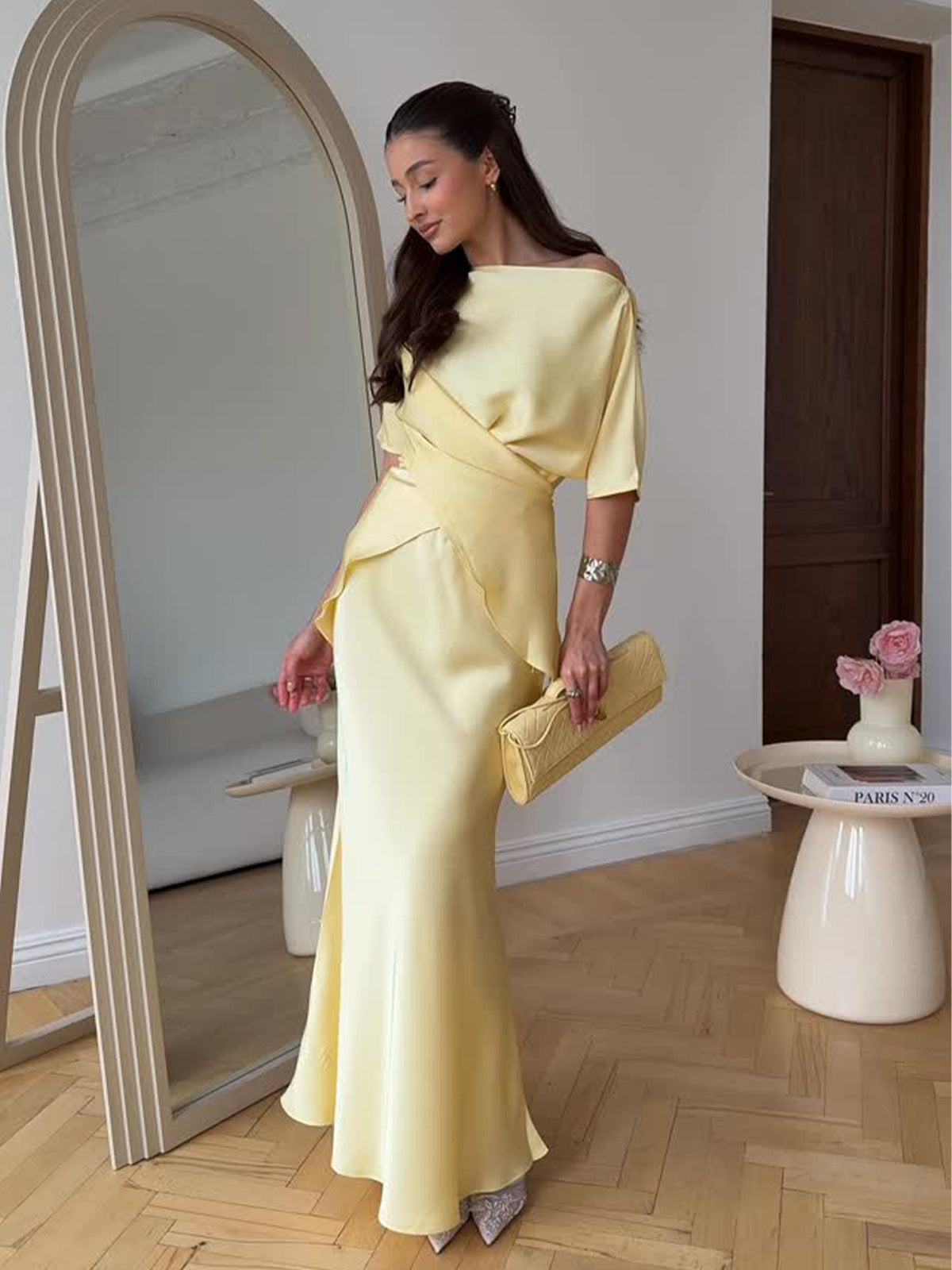 Lemon Satin Off-Shoulder Wrap Top & Maxi Skirt Set
