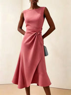 Twisted Knot Waist Midi Dress – Sleeveless Round Neck Office Dress | Oyese