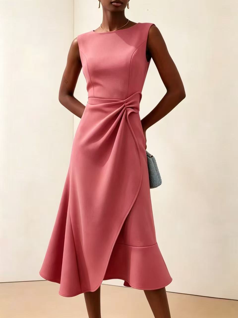 Twisted Knot Waist Midi Dress – Sleeveless Round Neck Office Dress | Oyese