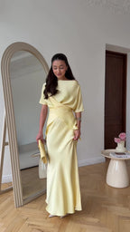 Lemon Satin Off-Shoulder Wrap Top & Maxi Skirt Set