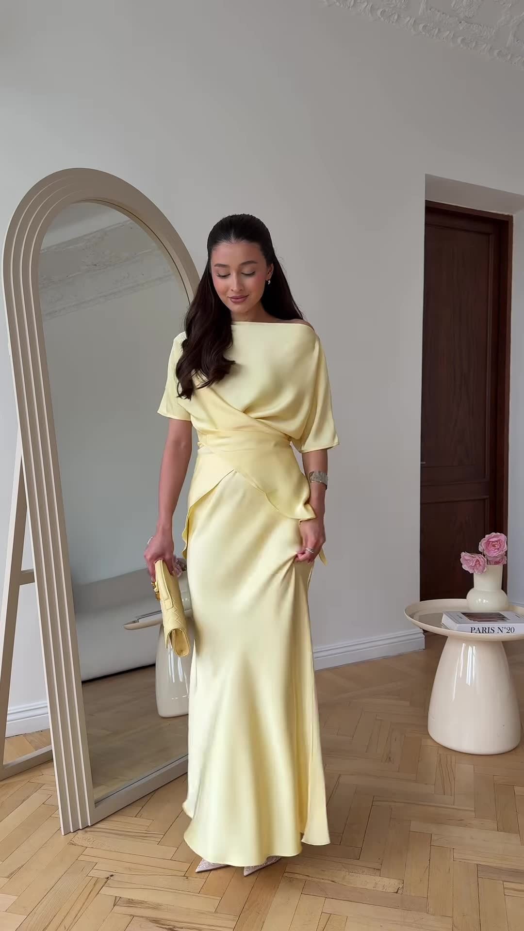 Lemon Satin Off-Shoulder Wrap Top & Maxi Skirt Set