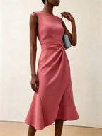 Twisted Knot Waist Midi Dress – Sleeveless Round Neck Office Dress | Oyese