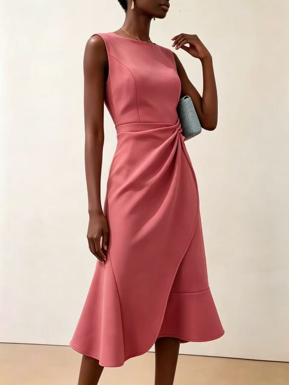 Twisted Knot Waist Midi Dress – Sleeveless Round Neck Office Dress | Oyese