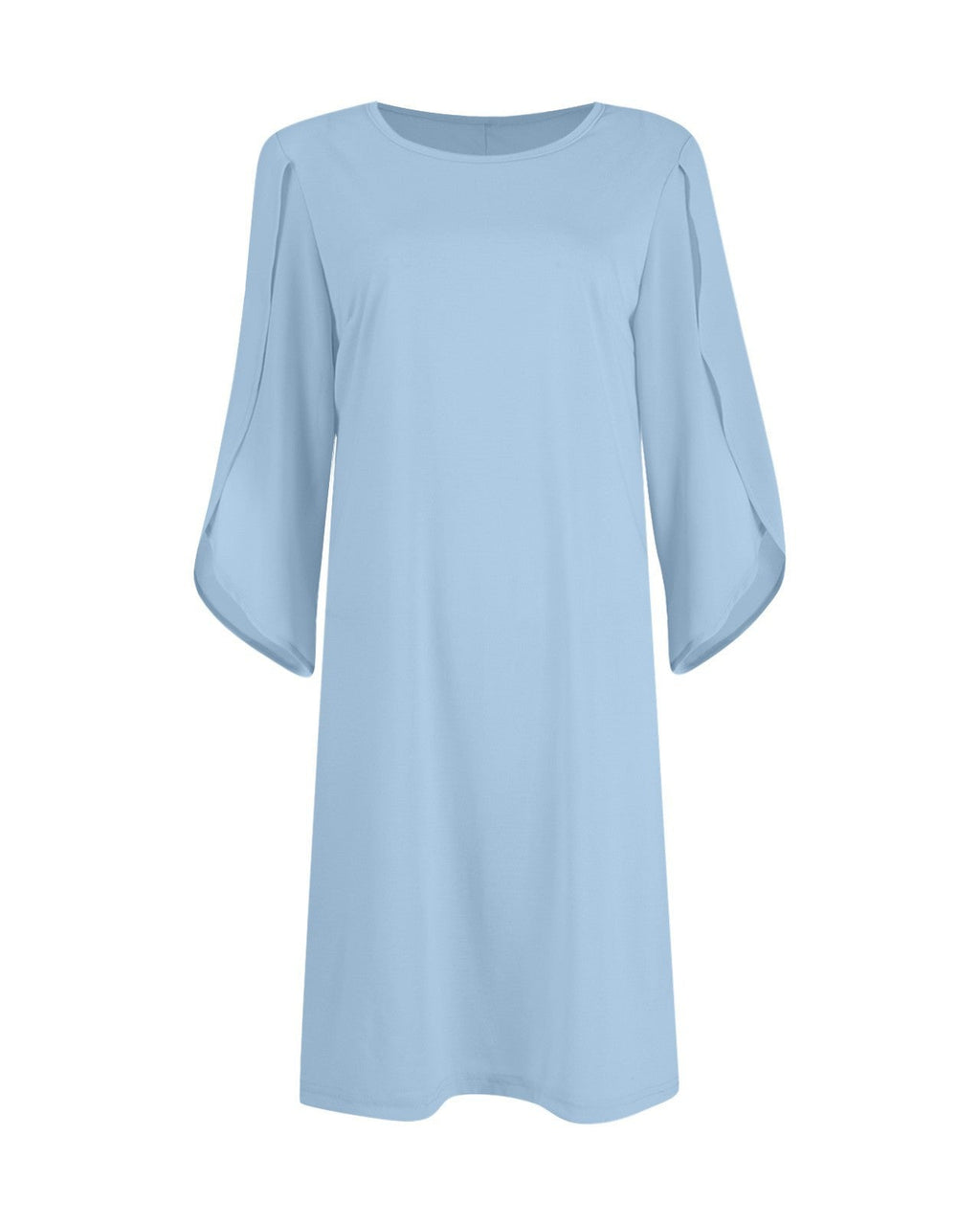 A light blue shift dress with three-quarter bell sleeves and a round neckline, shown against a plain white background.