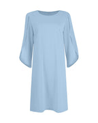 A light blue shift dress with three-quarter bell sleeves and a round neckline, shown against a plain white background.