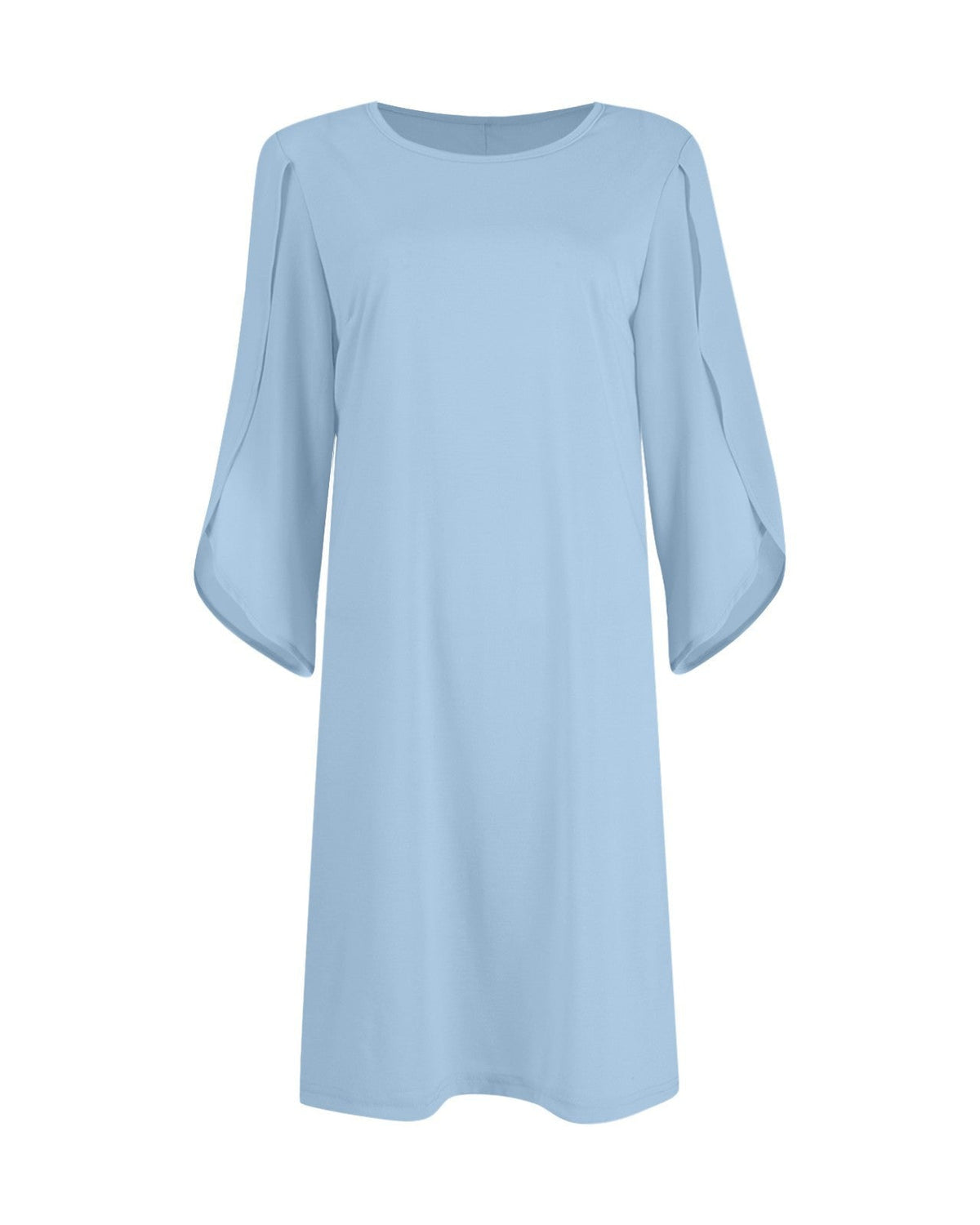 A light blue shift dress with three-quarter bell sleeves and a round neckline, shown against a plain white background.