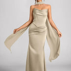 Satin Choker Neck Mermaid Gown – Asymmetric Draped Sleeve Formal Dress | Oyese