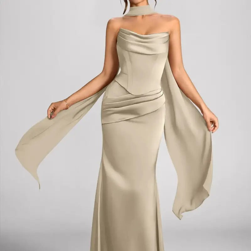 Satin Choker Neck Mermaid Gown – Asymmetric Draped Sleeve Formal Dress | Oyese