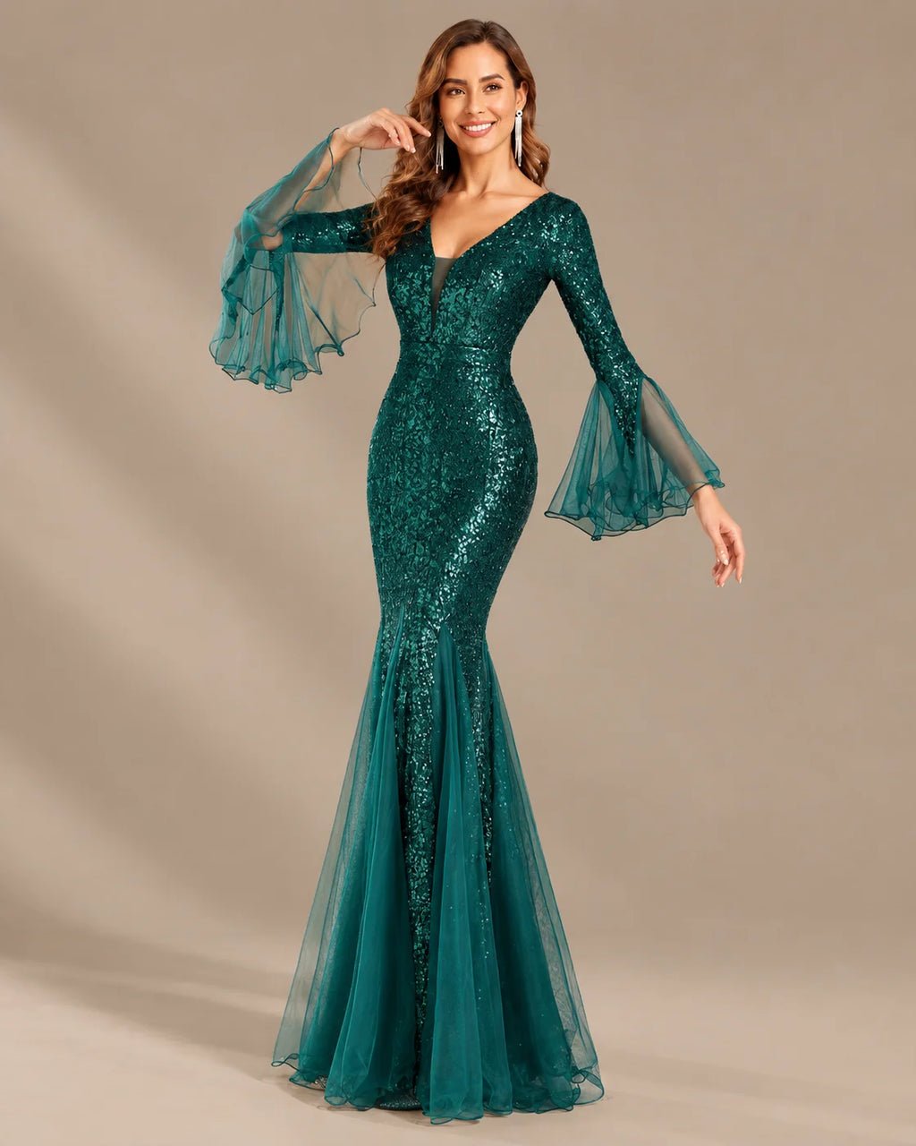V-Neck Bell Sleeve Sequin Tulle Mermaid Evening Gown | Oyese