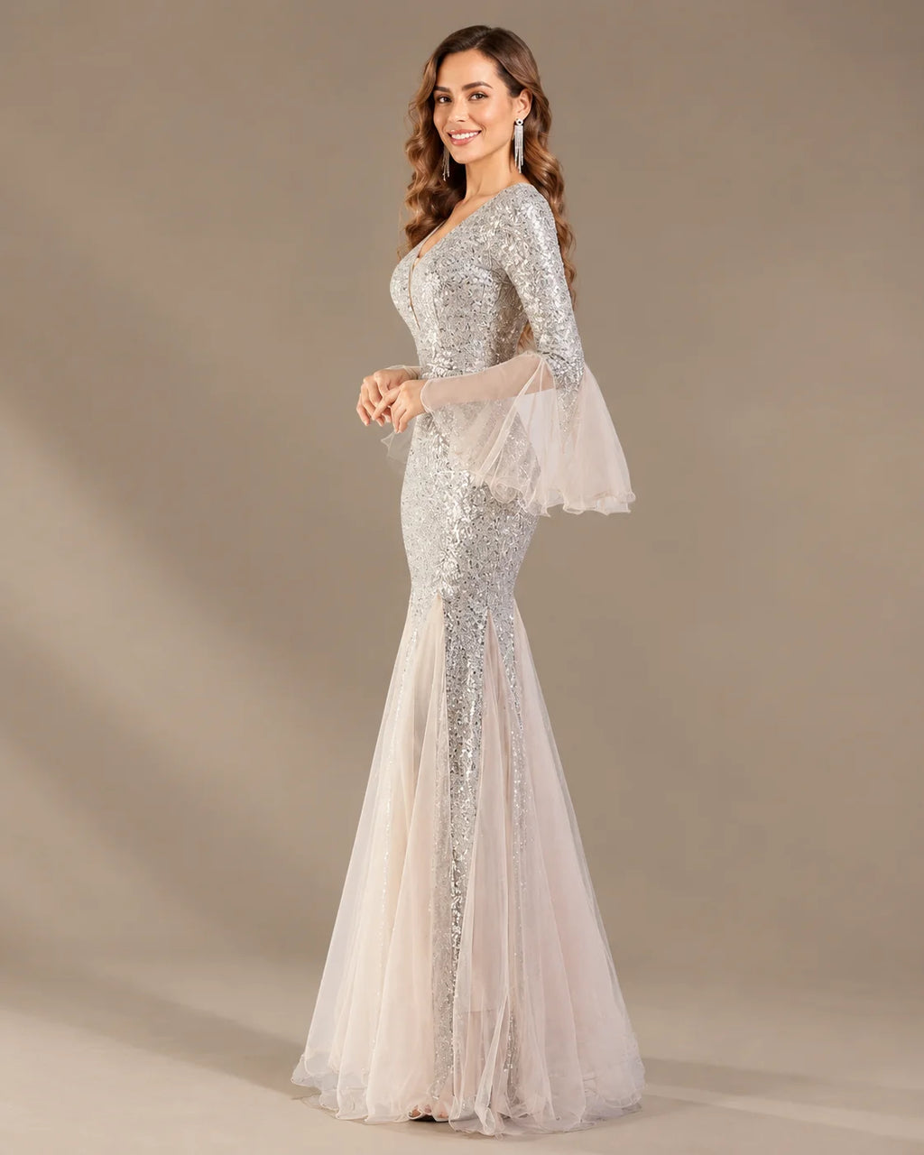 V-Neck Bell Sleeve Sequin Tulle Mermaid Evening Gown | Oyese