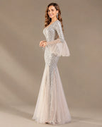 V-Neck Bell Sleeve Sequin Tulle Mermaid Evening Gown | Oyese