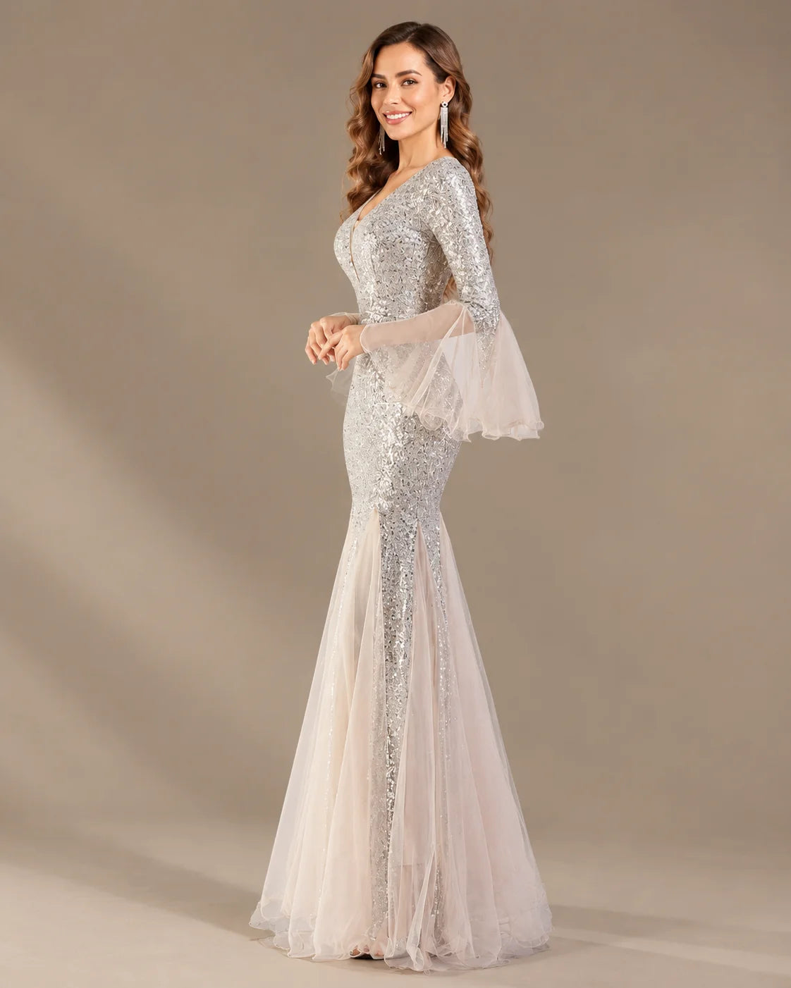 V-Neck Bell Sleeve Sequin Tulle Mermaid Evening Gown | Oyese
