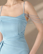 Spaghetti Strap Beaded Chain Draped Satin Mermaid Gown | Oyese