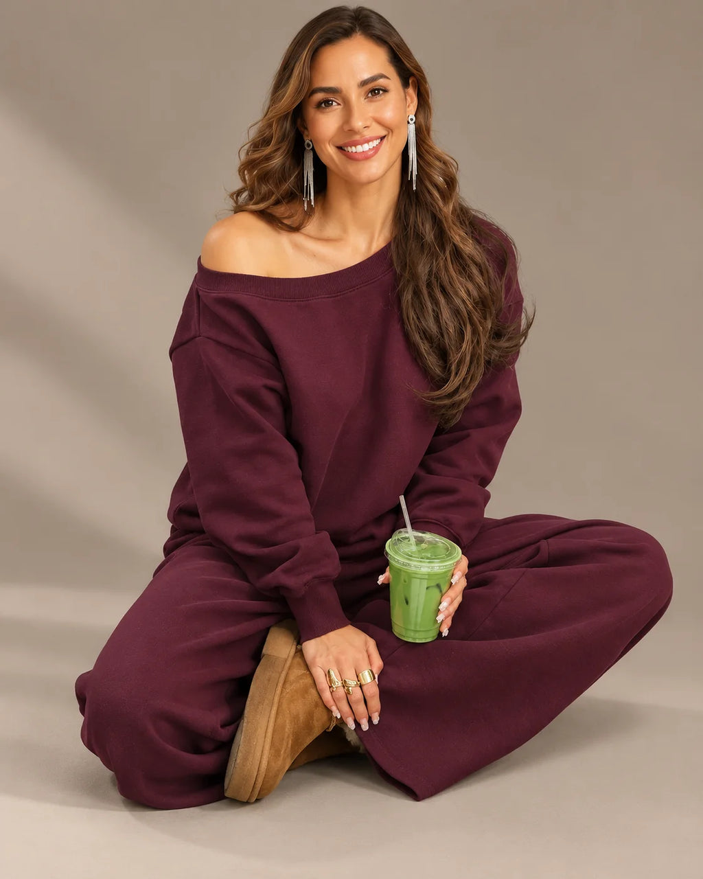 Off-Shoulder Sweatshirt and Wide-Leg Sweatpants Two Piece Set | Oyese