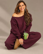Off-Shoulder Sweatshirt and Wide-Leg Sweatpants Two Piece Set | Oyese