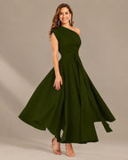 One-Shoulder Cap Sleeve Belted Fit and Flare Midi Dress | Oyese