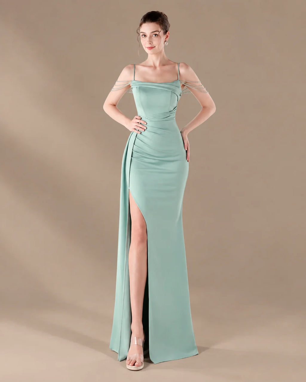Spaghetti Strap Beaded Chain Draped Satin Mermaid Gown | Oyese