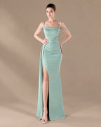 Spaghetti Strap Beaded Chain Draped Satin Mermaid Gown | Oyese
