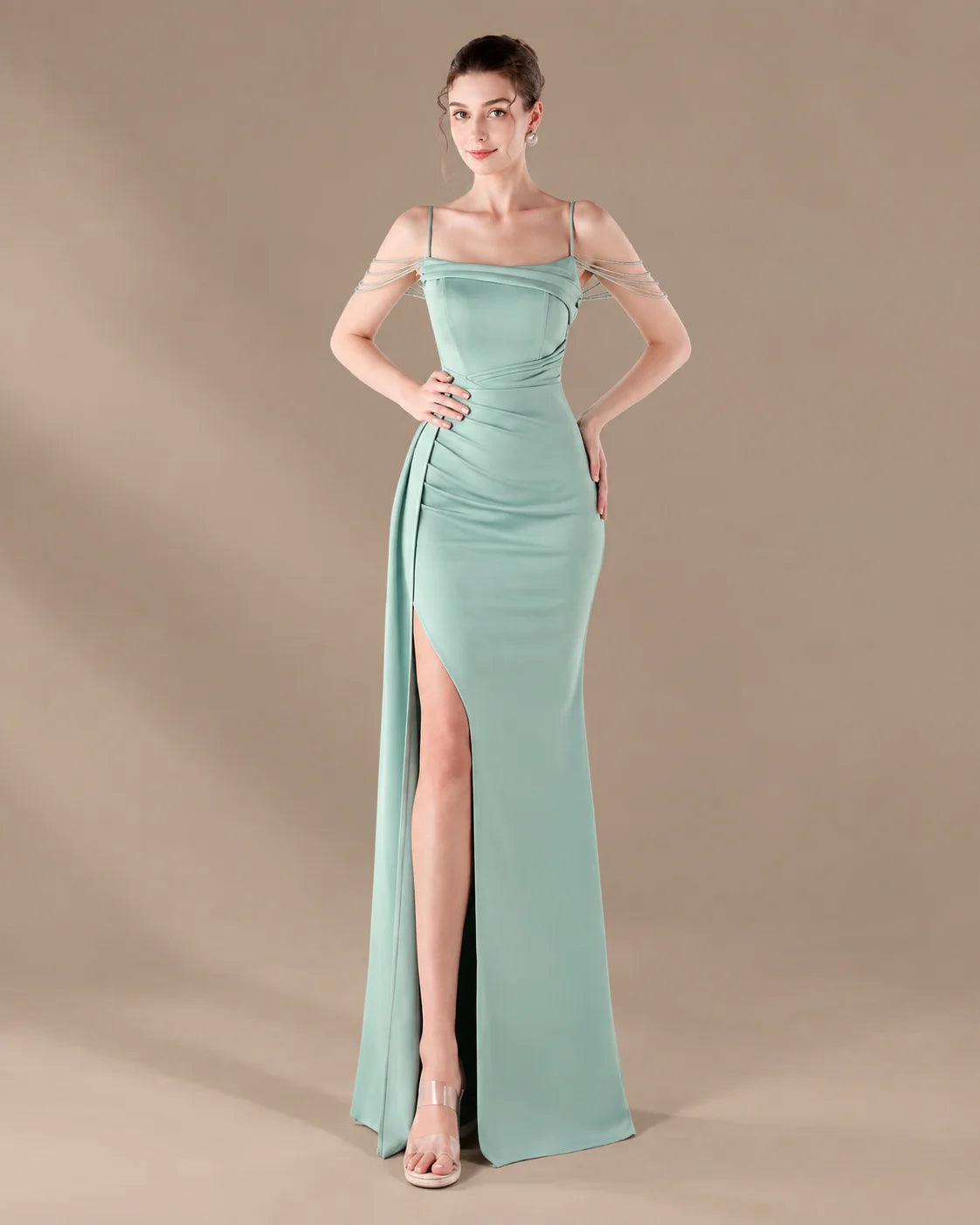 Spaghetti Strap Beaded Chain Draped Satin Mermaid Gown | Oyese