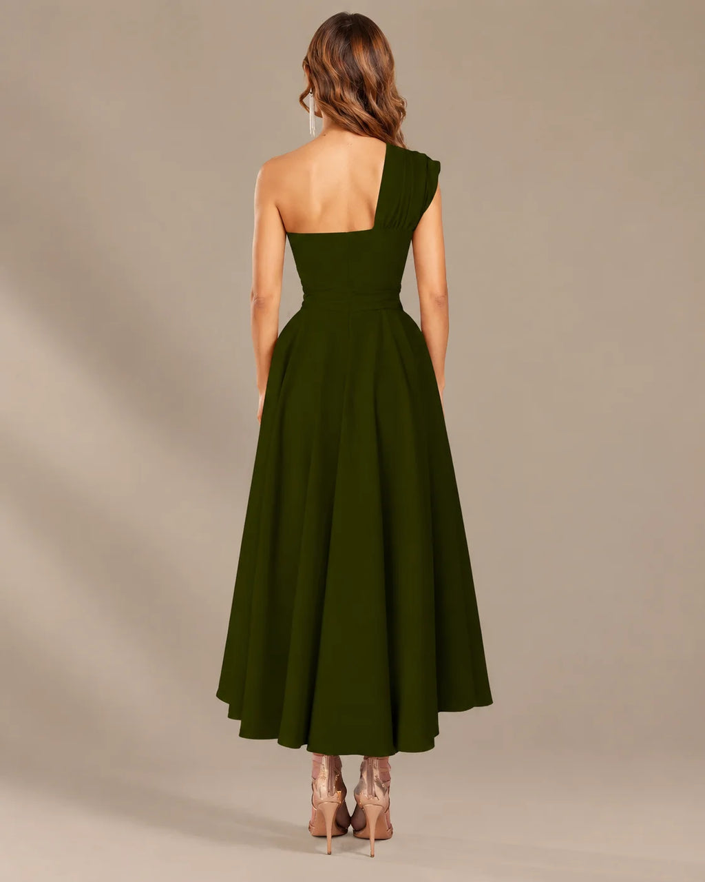 One-Shoulder Cap Sleeve Belted Fit and Flare Midi Dress | Oyese