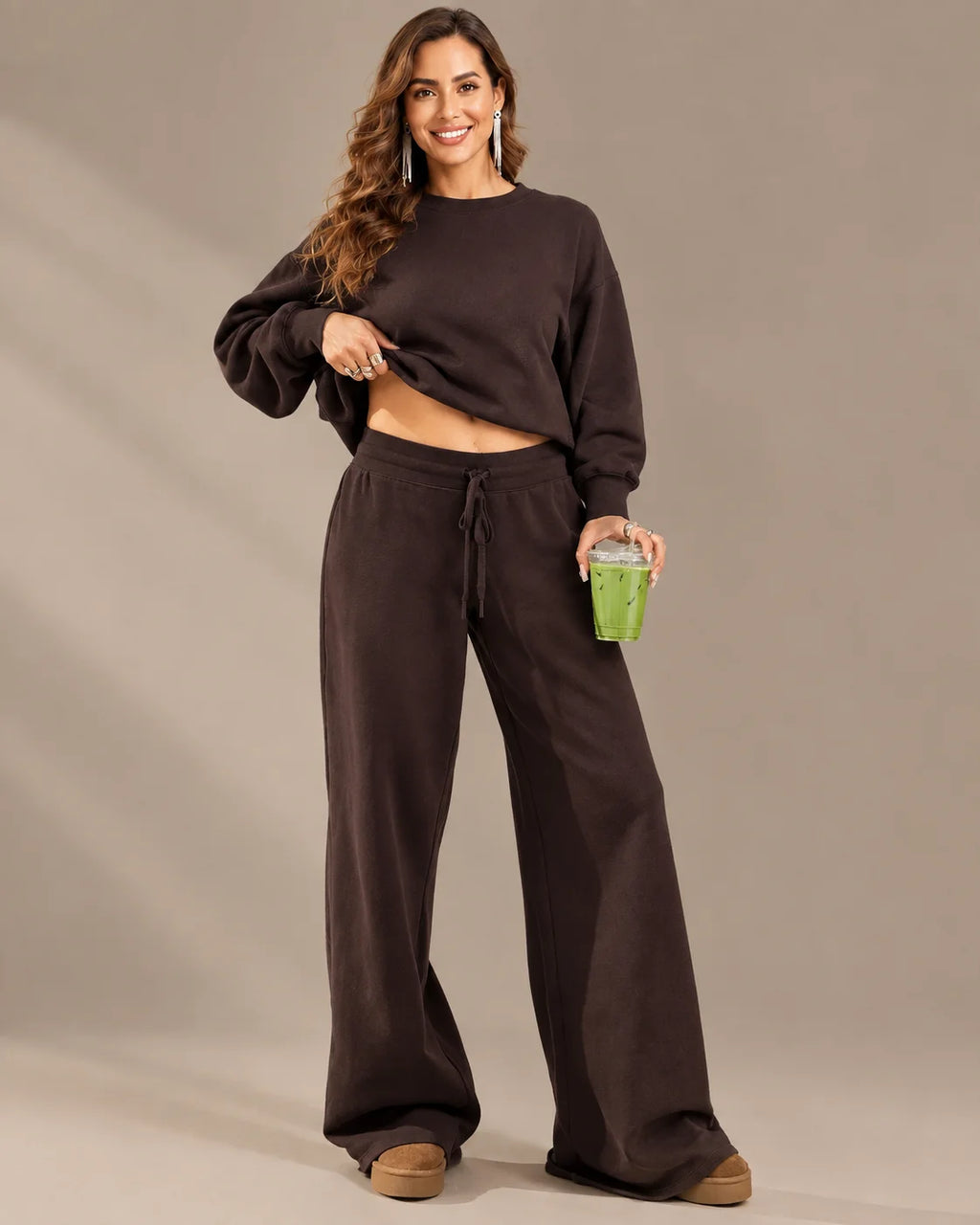 Off-Shoulder Sweatshirt and Wide-Leg Sweatpants Two Piece Set | Oyese