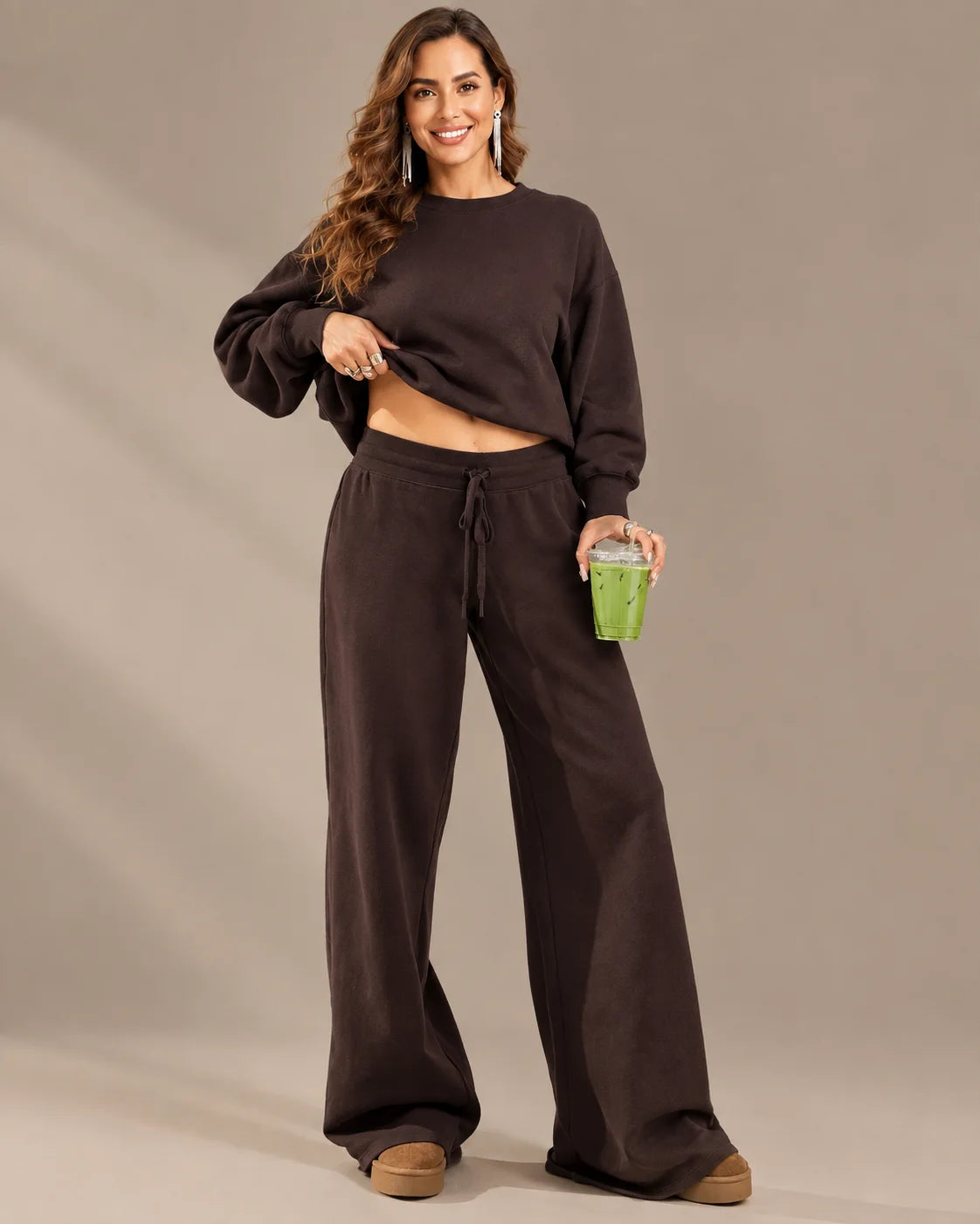 Off-Shoulder Sweatshirt and Wide-Leg Sweatpants Two Piece Set | Oyese