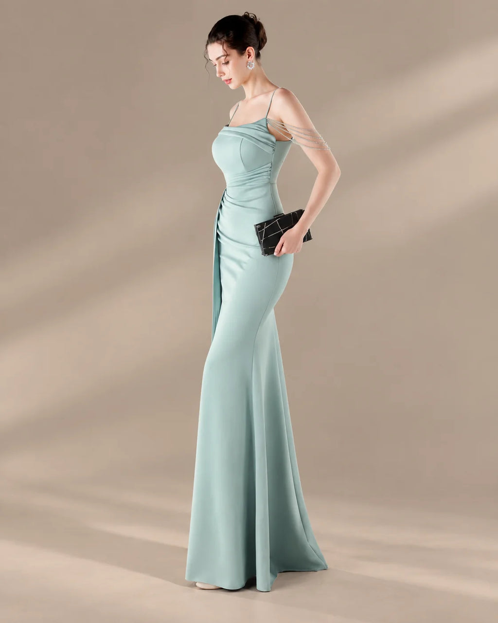 Spaghetti Strap Beaded Chain Draped Satin Mermaid Gown | Oyese