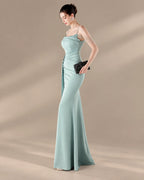 Spaghetti Strap Beaded Chain Draped Satin Mermaid Gown | Oyese