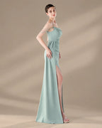 Spaghetti Strap Beaded Chain Draped Satin Mermaid Gown | Oyese