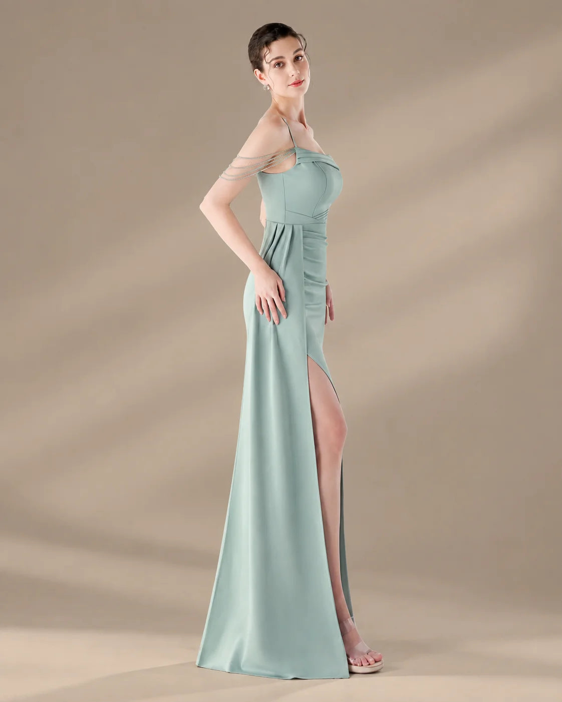 Spaghetti Strap Beaded Chain Draped Satin Mermaid Gown | Oyese