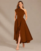 One-Shoulder Cap Sleeve Belted Fit and Flare Midi Dress | Oyese