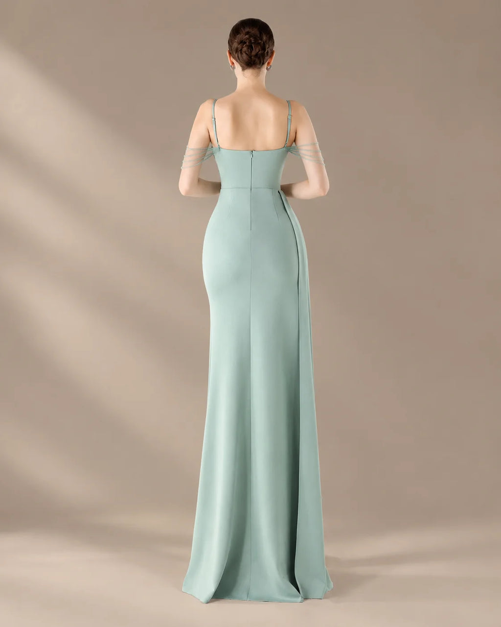 Spaghetti Strap Beaded Chain Draped Satin Mermaid Gown | Oyese