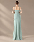 Spaghetti Strap Beaded Chain Draped Satin Mermaid Gown | Oyese