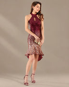 Halter Keyhole Ombre Sequin High-Low Mini Dress | Oyese