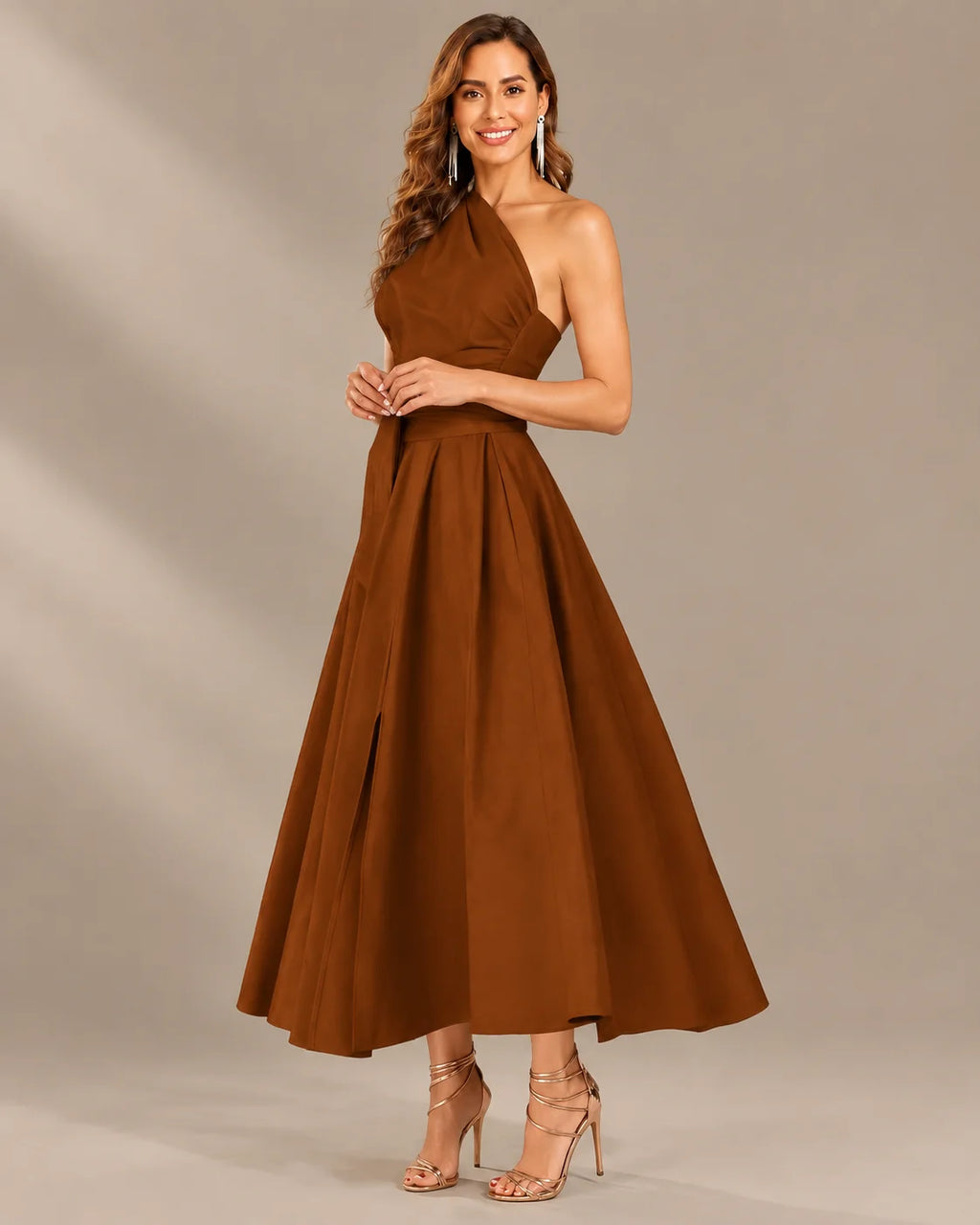 One-Shoulder Cap Sleeve Belted Fit and Flare Midi Dress | Oyese