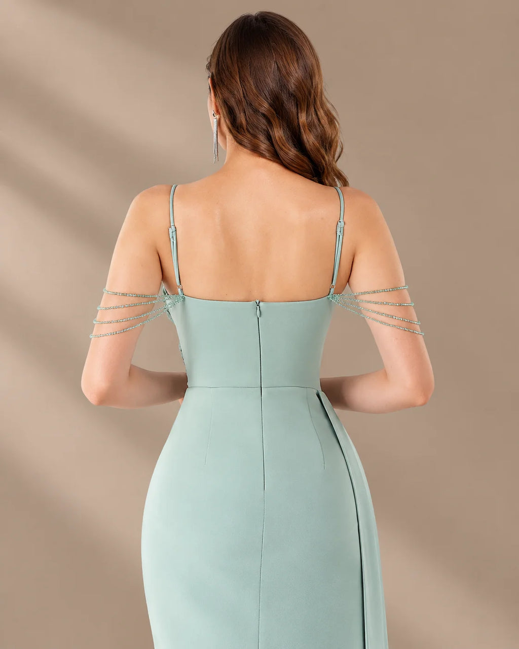 Spaghetti Strap Beaded Chain Draped Satin Mermaid Gown | Oyese