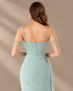 Spaghetti Strap Beaded Chain Draped Satin Mermaid Gown | Oyese